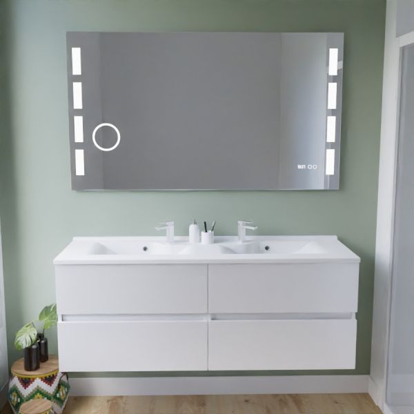 Meuble salle de bain suspendu tout inox 140 cm ROSINOX avec plan vasque et miroir Excell Plus - Blanc mat