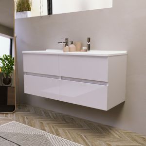 Meuble salle de bain double vasque suspendu 120 cm avec plan vasque en résine ROSALY - Blanc brillant