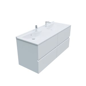 Meuble salle de bain double vasque suspendu 120 cm avec plan vasque en résine ROSALY - Blanc brillant