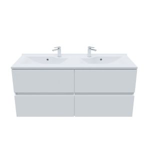 Meuble salle de bain double vasque suspendu 120 cm avec plan vasque en résine ROSALY - Blanc brillant