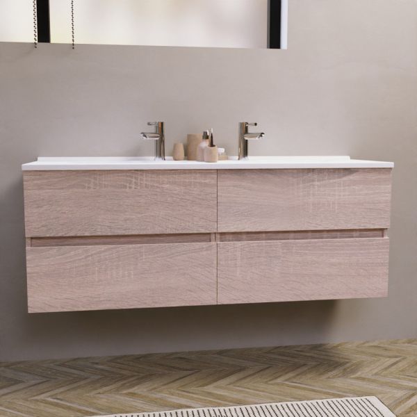 Meuble salle de bain double vasque suspendu 140 cm avec plan vasque ROSALY - Cambrian Oak aspect chêne