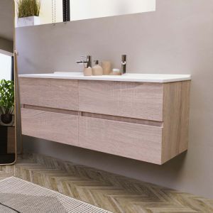 Meuble salle de bain double vasque suspendu 140 cm avec plan vasque ROSALY - Cambrian Oak aspect chêne