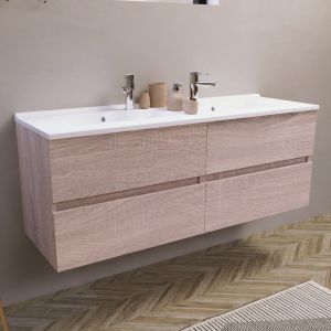 Meuble salle de bain double vasque suspendu 140 cm avec plan vasque ROSALY - Cambrian Oak aspect chêne