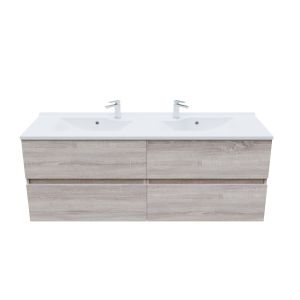 Meuble salle de bain double vasque suspendu 140 cm avec plan vasque ROSALY - Cambrian Oak aspect chêne