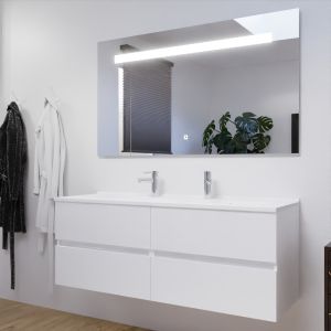 Meuble salle de bain double vasque suspendu 140 cm avec plan vasque ROSALY et miroir led Elegance h80 cm - Blanc brillant