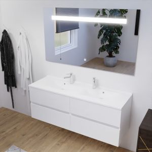 Meuble salle de bain double vasque suspendu 140 cm avec plan vasque ROSALY et miroir led Elegance h80 cm - Blanc brillant