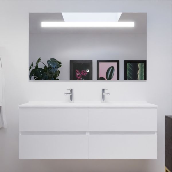 Meuble salle de bain double vasque suspendu 140 cm avec plan vasque ROSALY et miroir led Elegance h80 cm - Blanc brillant