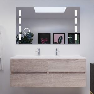 Meuble salle de bain double vasque suspendu 140 cm avec plan vasque ROSALY et miroir Excell Plus - Cambrian Oak Chêne