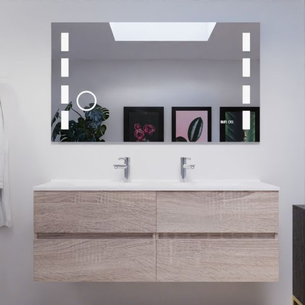 Meuble salle de bain double vasque suspendu 140 cm avec plan vasque ROSALY et miroir Excell Plus - Cambrian Oak Chêne