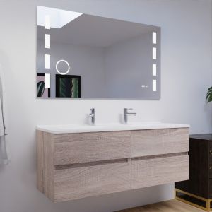 Meuble salle de bain double vasque suspendu 140 cm avec plan vasque ROSALY et miroir Excell Plus - Cambrian Oak Chêne