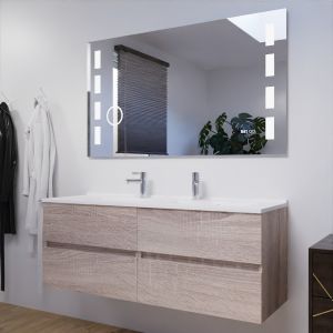 Meuble salle de bain double vasque suspendu 140 cm avec plan vasque ROSALY et miroir Excellence - Cambrian Oak Chêne