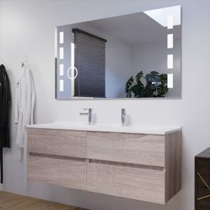 Meuble salle de bain double vasque suspendu 140 cm avec plan vasque ROSALY et miroir Excell Plus - Cambrian Oak Chêne