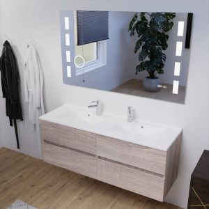 Meuble salle de bain double vasque suspendu 140 cm avec plan vasque ROSALY et miroir Excellence - Cambrian Oak Chêne