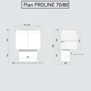 Meuble salle de bain suspendu 70 cm avec porte pivotante et plan vasque PROLINE