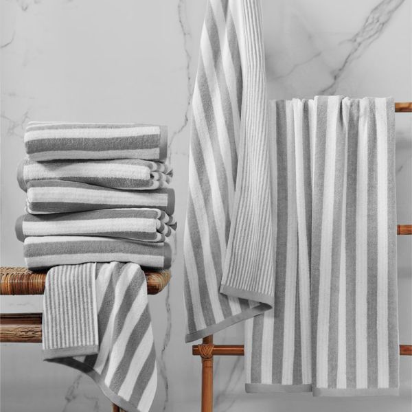 Serviette de bain - 50x100 cm - Rayée blanc et gris