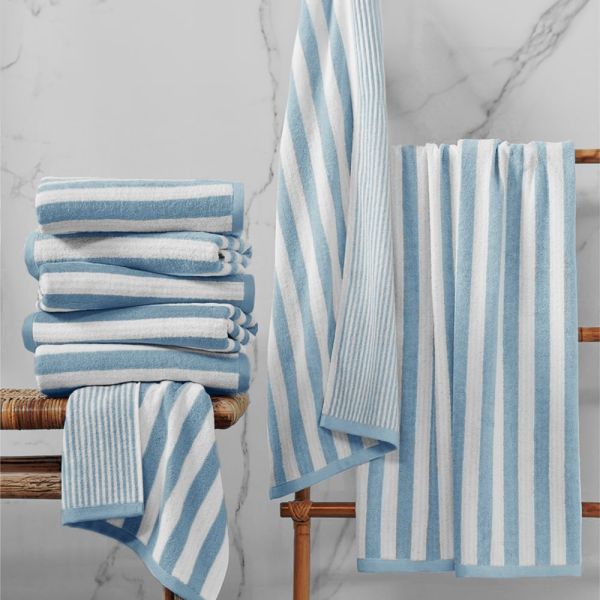 Serviette de bain - 50x100 cm - Rayée blanc et bleu