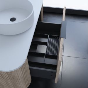 Meuble salle de bain 90 cm VERTIGO avec vasque à poser et miroir Drop - Chêne clair