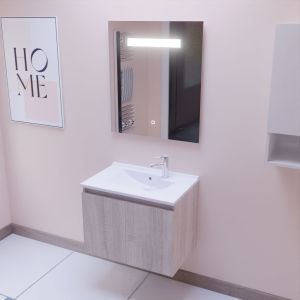 Meuble salle de bain suspendu 70 cm avec porte pivotante avec plan vasque PROLINE et miroir Elégance ht80 - Cambrian Oak chêne b