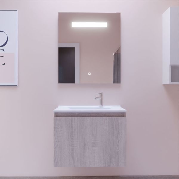 Meuble salle de bain suspendu 70 cm avec porte pivotante avec plan vasque PROLINE et miroir Elégance ht80 - Cambrian Oak chêne b