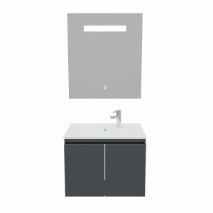 Meuble salle de bain suspendu 70 cm avec porte pivotante avec plan vasque en résine PROLINE et miroir Elégance ht80 - Gris anthr
