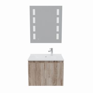 Meuble salle de bain suspendu 70 cm avec porte pivotante avec plan vasque PROLINE et miroir Prestige - Cambrian Oak aspect Chêne