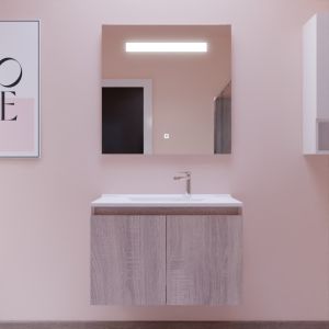 Meuble salle de bain suspendu 80 cm avec porte pivotante avec plan vasque PROLINE et miroir Elégance ht80 - Cambrian Oak chêne b