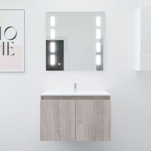 Meuble salle de bain suspendu 80 cm avec porte pivotante avec plan vasque PROLINE et miroir Prestige - Cambrian Oak Chêne