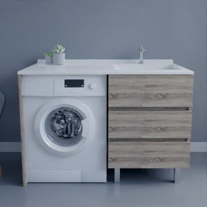 Meuble lave-linge KORA 124 cm coloris bois avec plan vasque déportée à droite