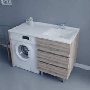 Meuble lave-linge KORA 124 cm coloris bois avec plan vasque déportée à droite