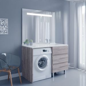 Meuble lave-linge coloris bois KORA 124 cm avec plan vasque déportée à droite + Miroir Elégance ht105