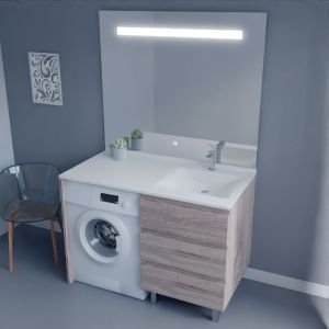 Meuble lave-linge coloris bois KORA 124 cm avec plan vasque déportée à droite + Miroir Elégance ht105