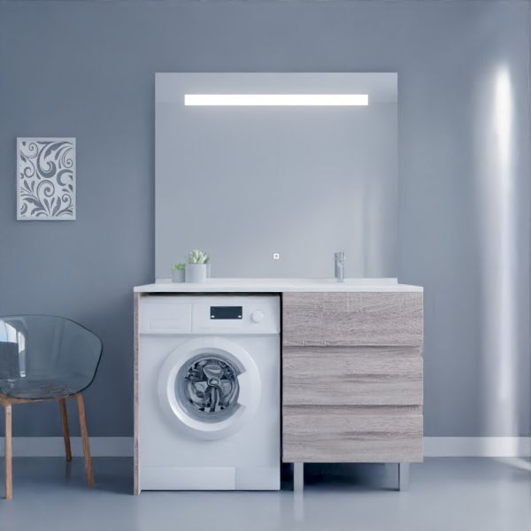 Meuble lave-linge coloris bois KORA 124 cm avec plan vasque déportée à droite + Miroir Elégance ht105