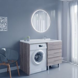 Meuble lave-linge KORA 124 cm coloris bois avec plan vasque déportée à droite + Miroir rond