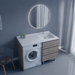 Meuble lave-linge KORA 124 cm coloris bois avec plan vasque déportée à droite + Miroir rond 