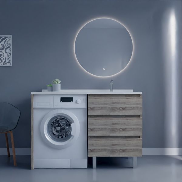 Meuble lave-linge KORA 124 cm coloris bois avec plan vasque déportée à droite + Miroir rond 