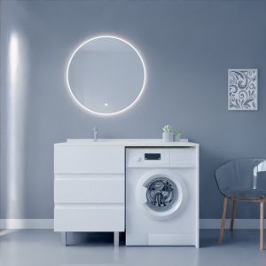 Meuble lave-linge KORA avec plan vasque déportée + Miroir rond Fazzio Meuble lave-linge KORA 124 cm blanc avec plan vasque déportée à gauche + Miroir rond
