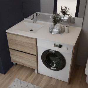Meuble lave-linge IDEA coloris bois, plan vasque déportée à gauche 124 cm x 65 cm