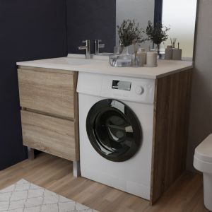 Meuble lave-linge IDEA coloris bois, plan vasque déportée à gauche 124 cm x 65 cm