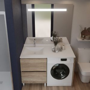 Meuble lave-linge IDEA coloris bois, vasque déportée à gauche 124 cm + Miroir Elégance 