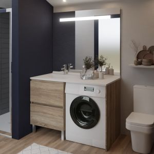 Meuble lave-linge IDEA coloris bois, vasque déportée à gauche 124 cm + Miroir Elégance