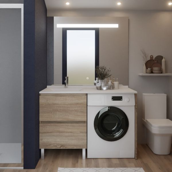 Meuble lave-linge IDEA coloris bois, vasque déportée à gauche 124 cm + Miroir Elégance 