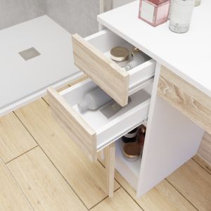 Meuble salle de bain PMR ANDY 90 cm simple vasque déportée à droite couleur blanc et bois cambrian oak