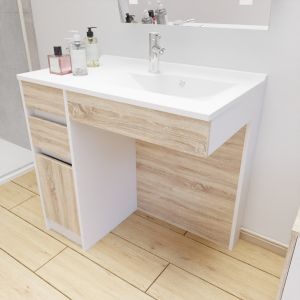 Meuble salle de bain PMR ANDY 90 cm simple vasque déportée à droite couleur blanc et bois cambrian oak