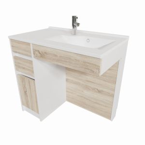 Meuble salle de bain PMR ANDY 90 cm simple vasque déportée à droite couleur blanc et bois cambrian oak
