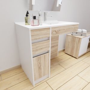 Meuble salle de bain PMR ANDY 90 cm simple vasque déportée à droite couleur blanc et bois cambrian oak