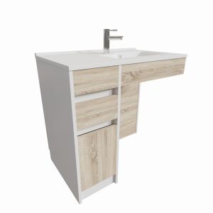 Meuble salle de bain PMR ANDY 90 cm simple vasque déportée à droite couleur blanc et bois cambrian oak