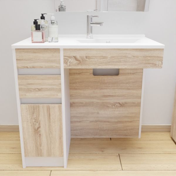 Meuble salle de bain PMR ANDY 90 cm simple vasque déportée à droite couleur blanc et bois cambrian oak