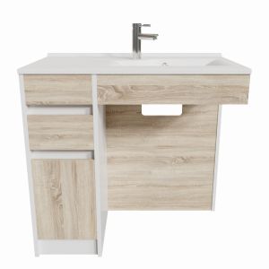 Meuble salle de bain PMR ANDY 90 cm simple vasque déportée à droite couleur blanc et bois cambrian oak