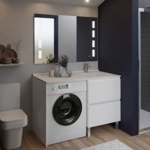 Meuble lave-linge IDEA coloris blanc, plan vasque déportée à droite + Miroir Prestige