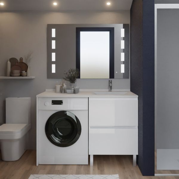 Meuble lave-linge IDEA coloris blanc, plan vasque déportée à droite + Miroir Prestige